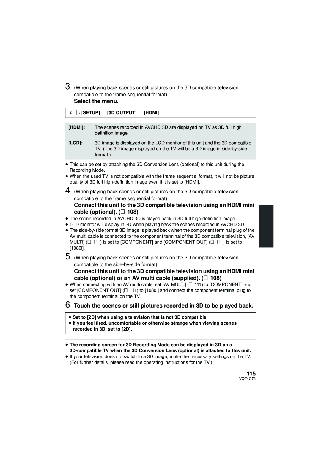 Panasonic HC-X900M owner manual 115, Menu Setup # 3D Output # Hdmi 