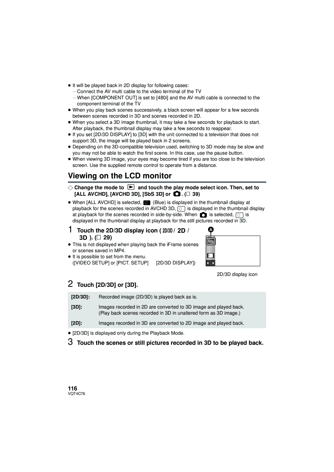 Panasonic HC-X900M owner manual Viewing on the LCD monitor 