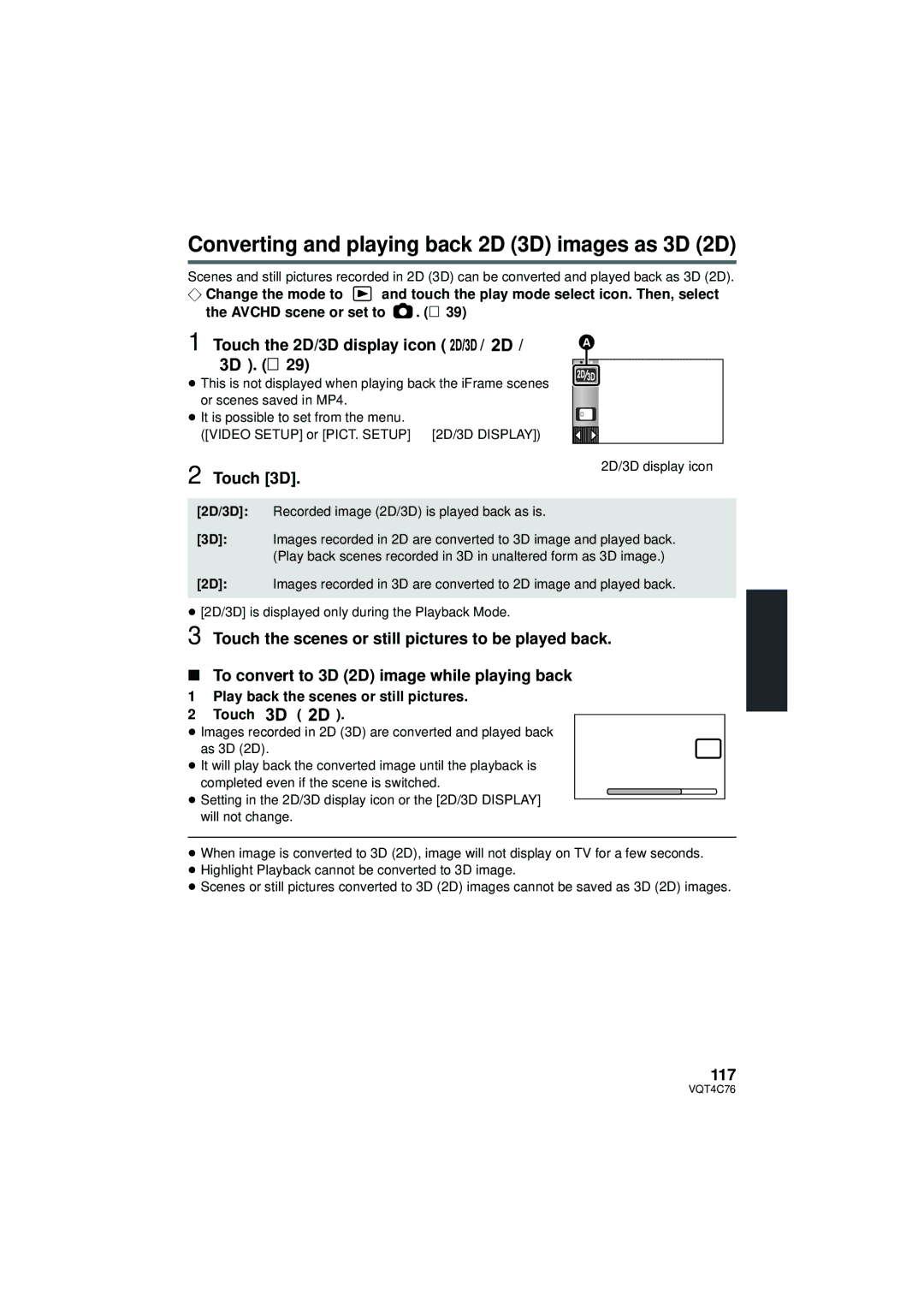 Panasonic HC-X900M owner manual Converting and playing back 2D 3D images as 3D 2D, Touch 3D, 117 