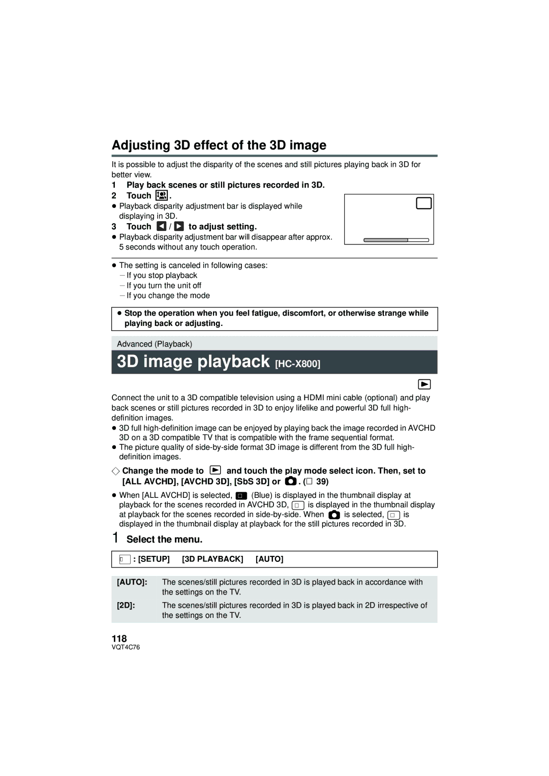 Panasonic HC-X900M 3D image playback HC-X800, Adjusting 3D effect of the 3D image, 118, Touch / to adjust setting 