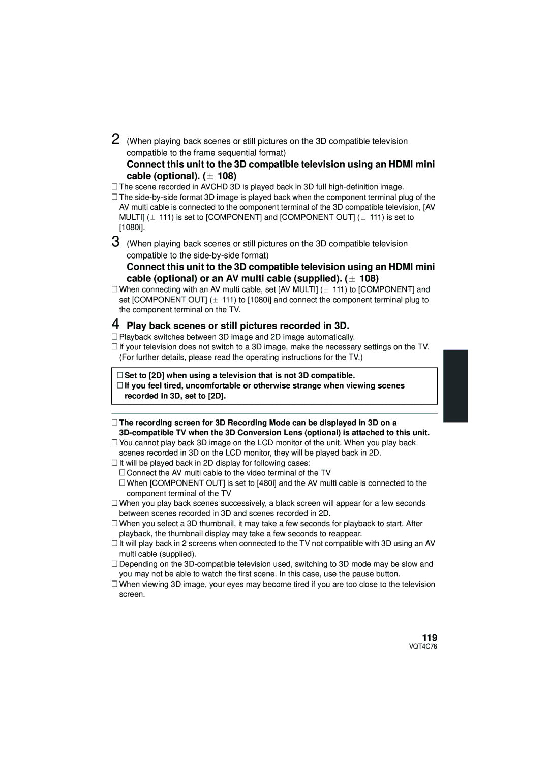 Panasonic HC-X900M owner manual Play back scenes or still pictures recorded in 3D, 119 