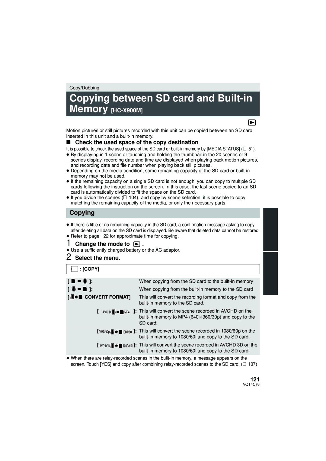 Panasonic HC-X900M Copying between SD card and Built-in, Check the used space of the copy destination, Change the mode to 