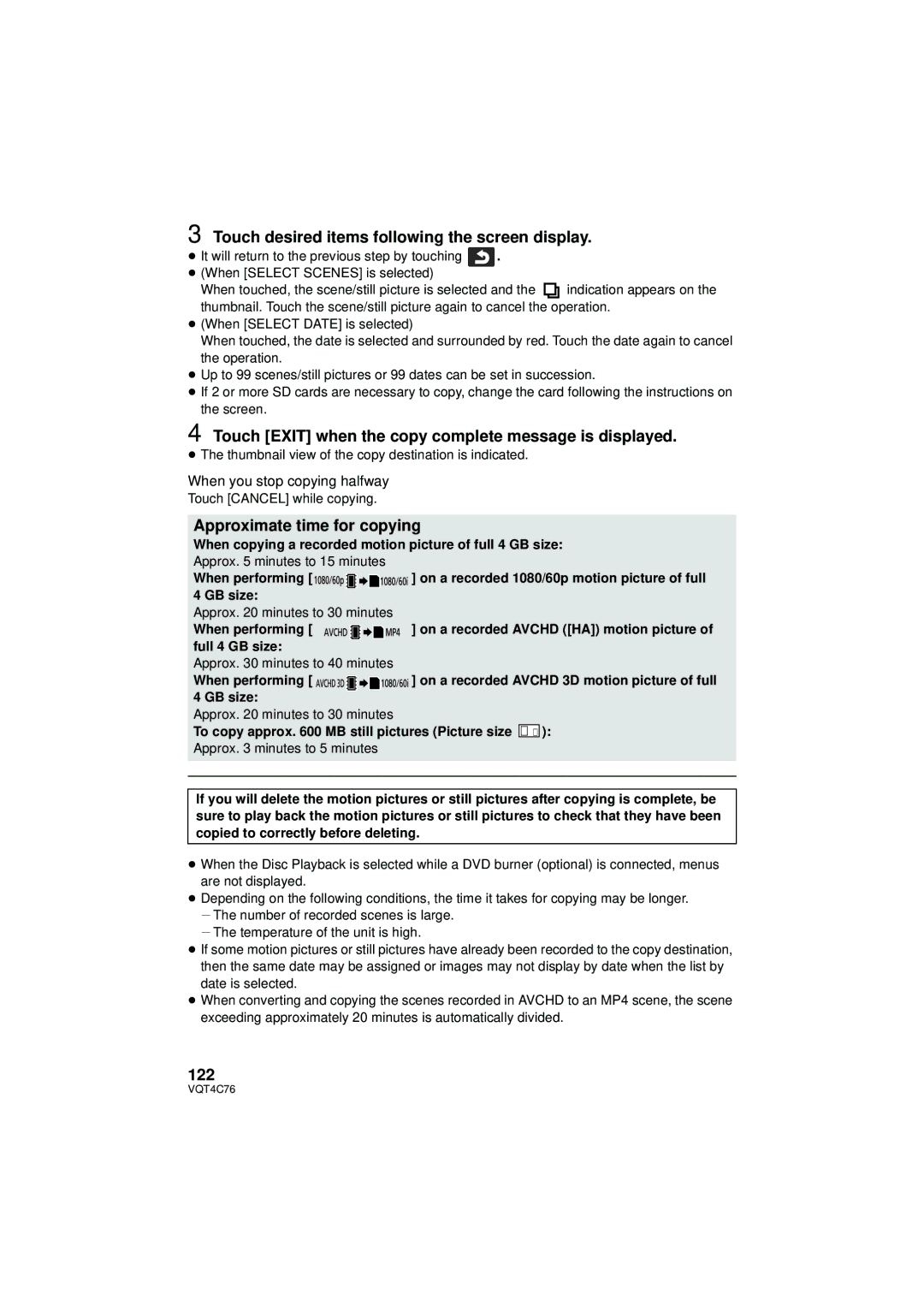 Panasonic HC-X900M owner manual Touch desired items following the screen display, Approximate time for copying, 122 