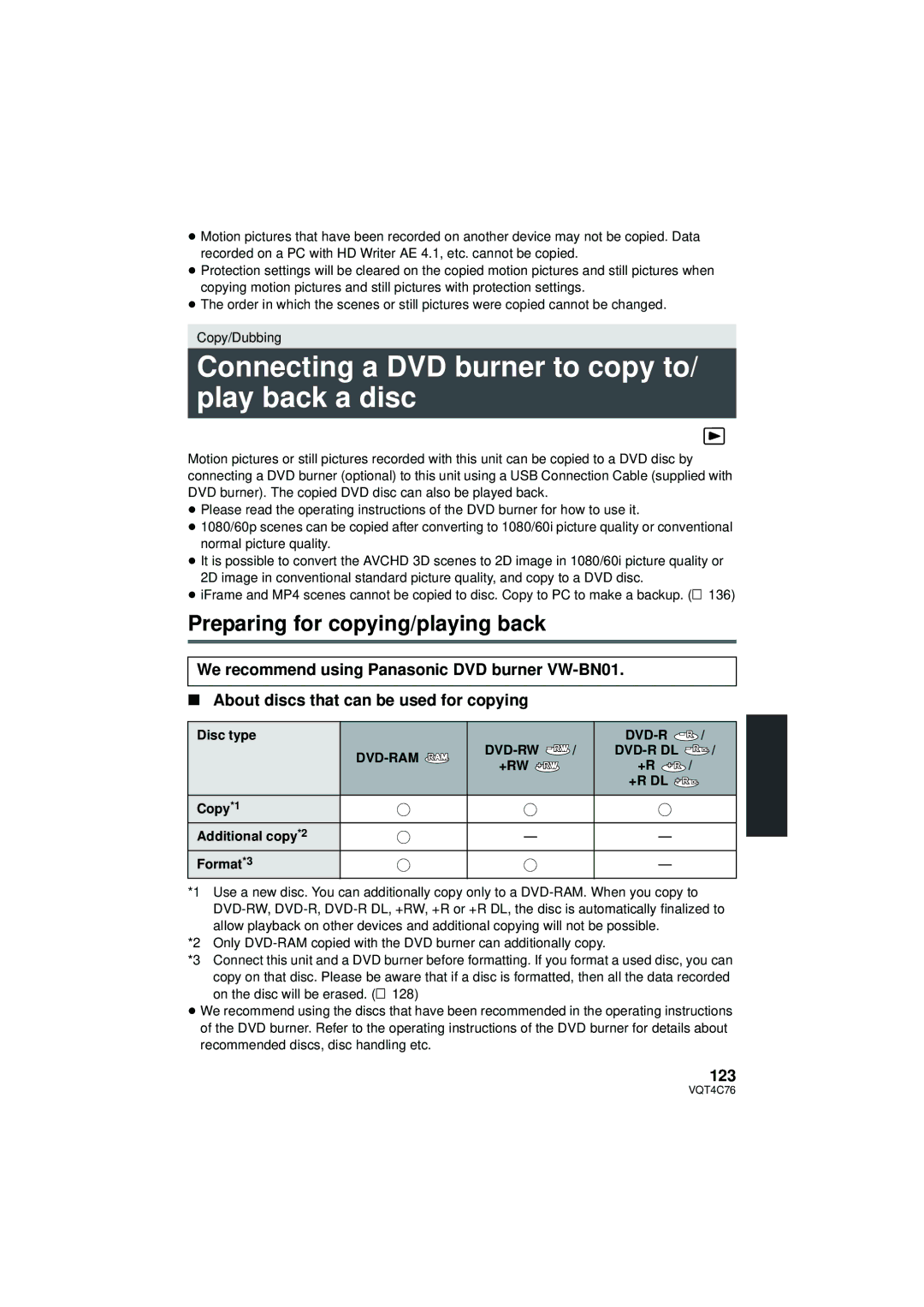 Panasonic HC-X900M Connecting a DVD burner to copy to/ play back a disc, Preparing for copying/playing back, 123 