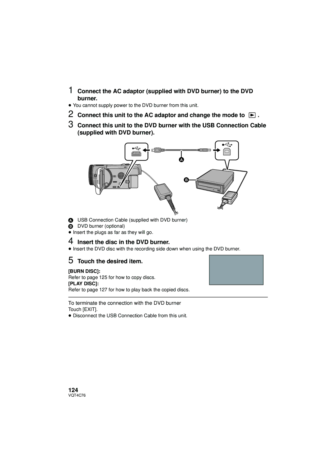 Panasonic HC-X900M owner manual Insert the disc in the DVD burner, Touch the desired item, 124, Burn Disc, Play Disc 