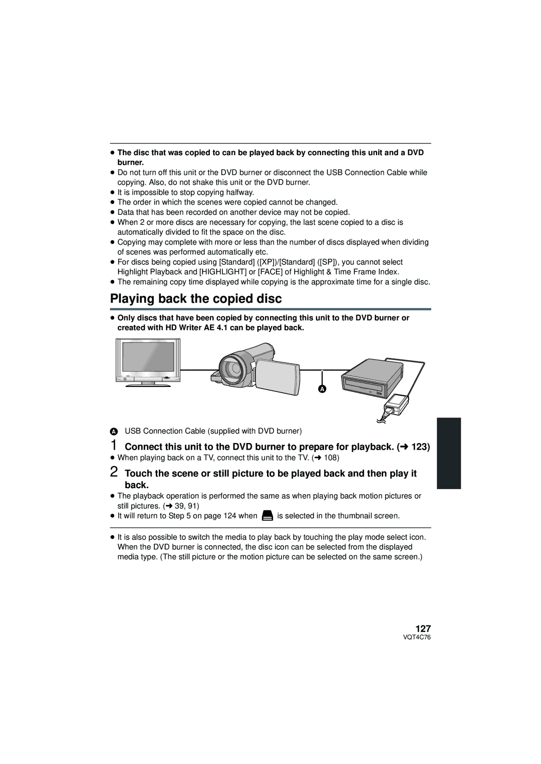 Panasonic HC-X900M owner manual Playing back the copied disc, 127, USB Connection Cable supplied with DVD burner 