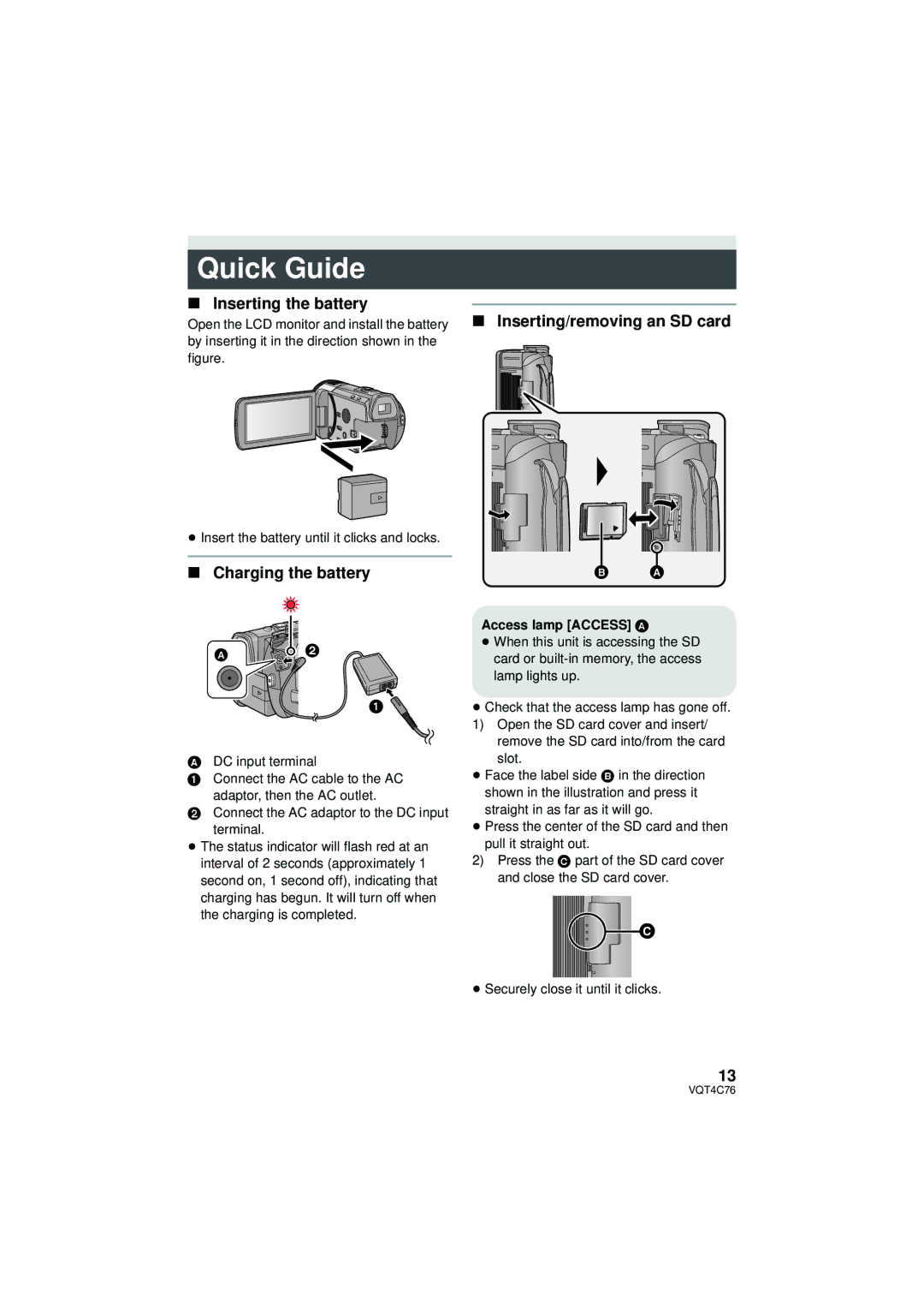 Panasonic HC-X900M owner manual Quick Guide, Inserting the battery, Charging the battery, Inserting/removing an SD card 