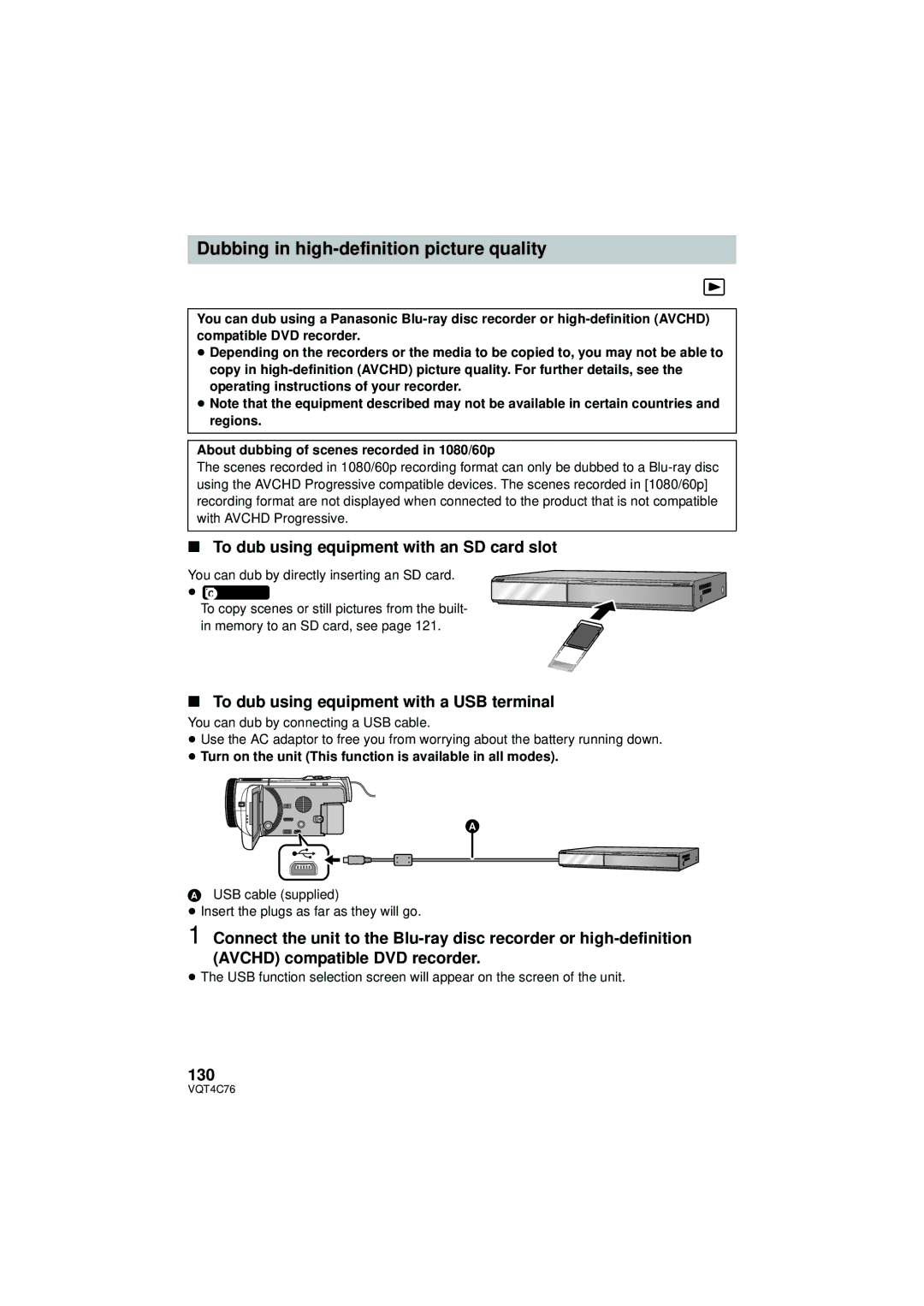 Panasonic HC-X900M To dub using equipment with an SD card slot, To dub using equipment with a USB terminal, 130 