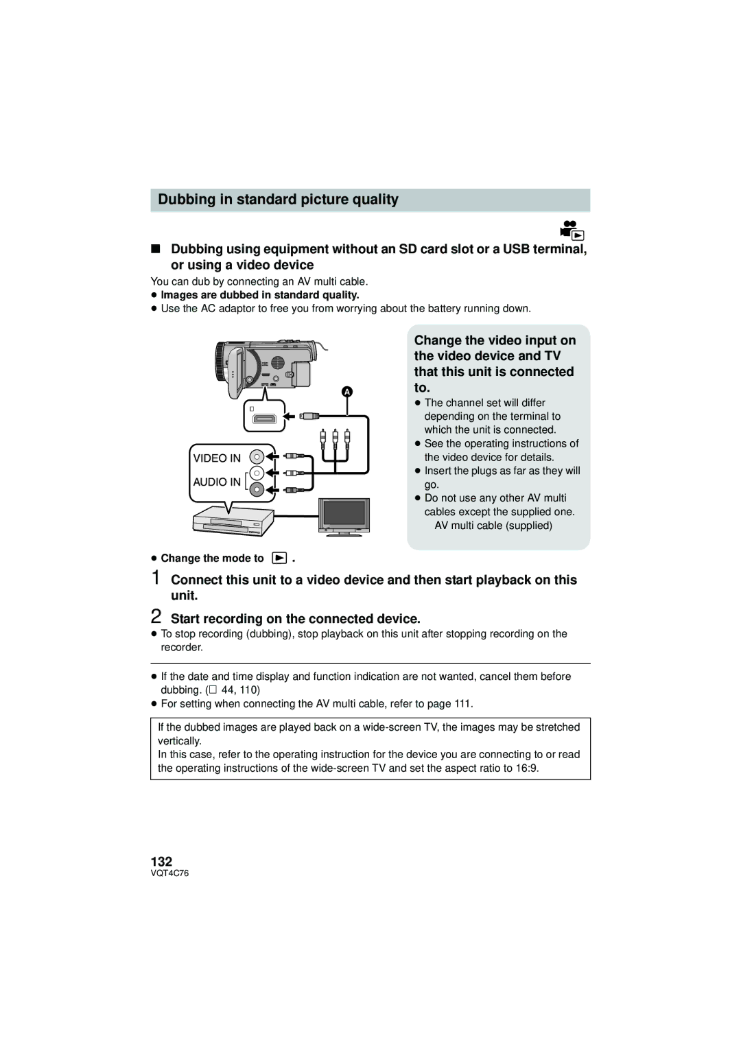 Panasonic HC-X900M owner manual 132, You can dub by connecting an AV multi cable, ≥ Images are dubbed in standard quality 