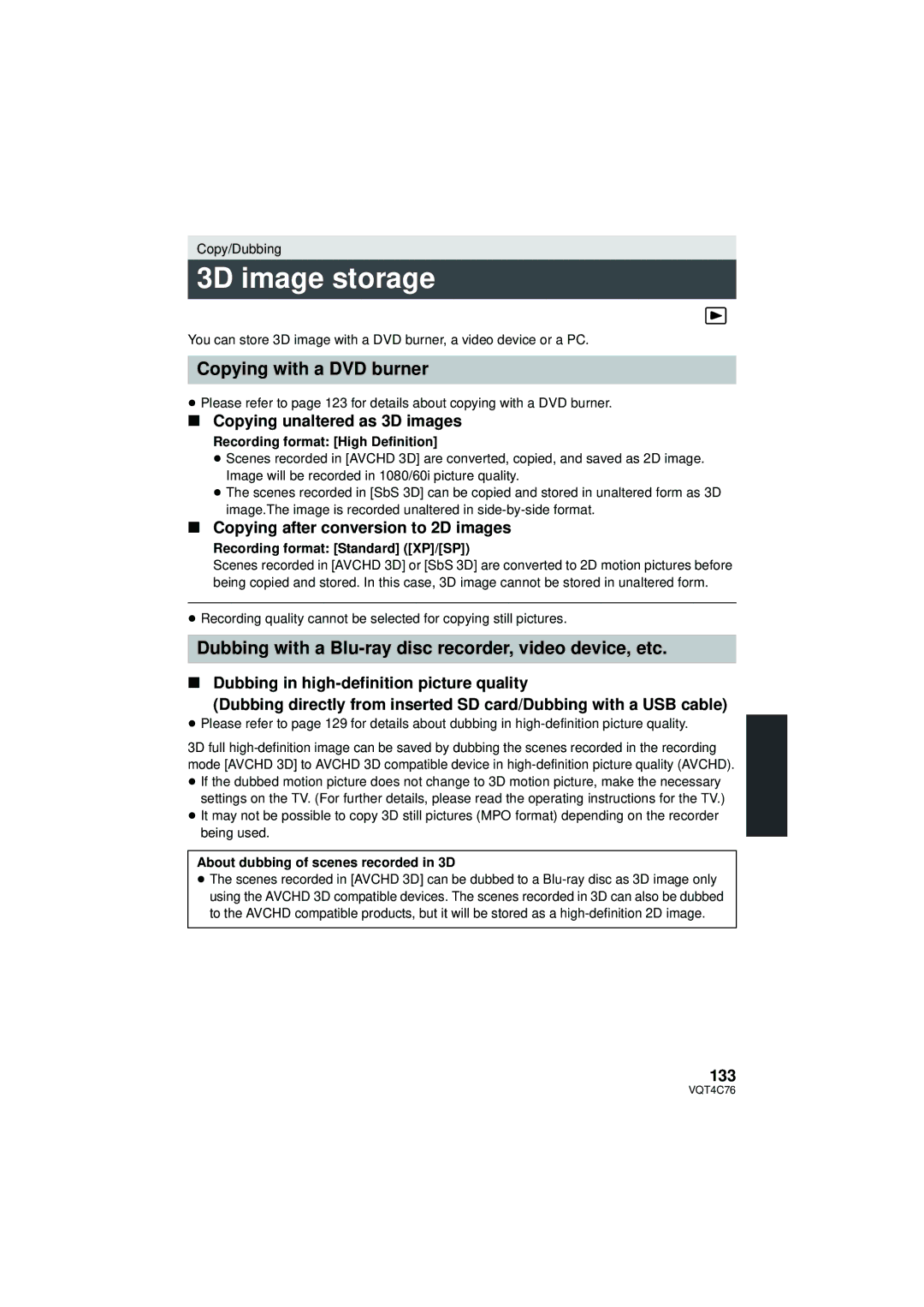 Panasonic HC-X900M 3D image storage, Copying unaltered as 3D images, Copying after conversion to 2D images, 133 