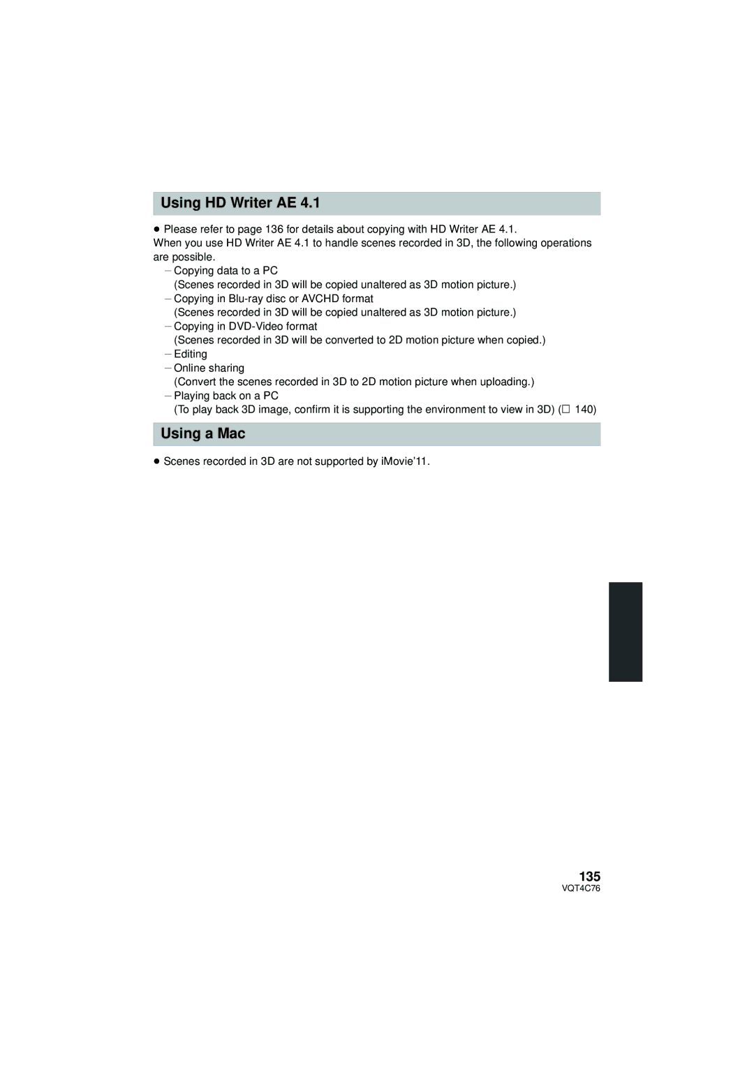 Panasonic HC-X900M owner manual 135, ≥ Scenes recorded in 3D are not supported by iMovie’11 