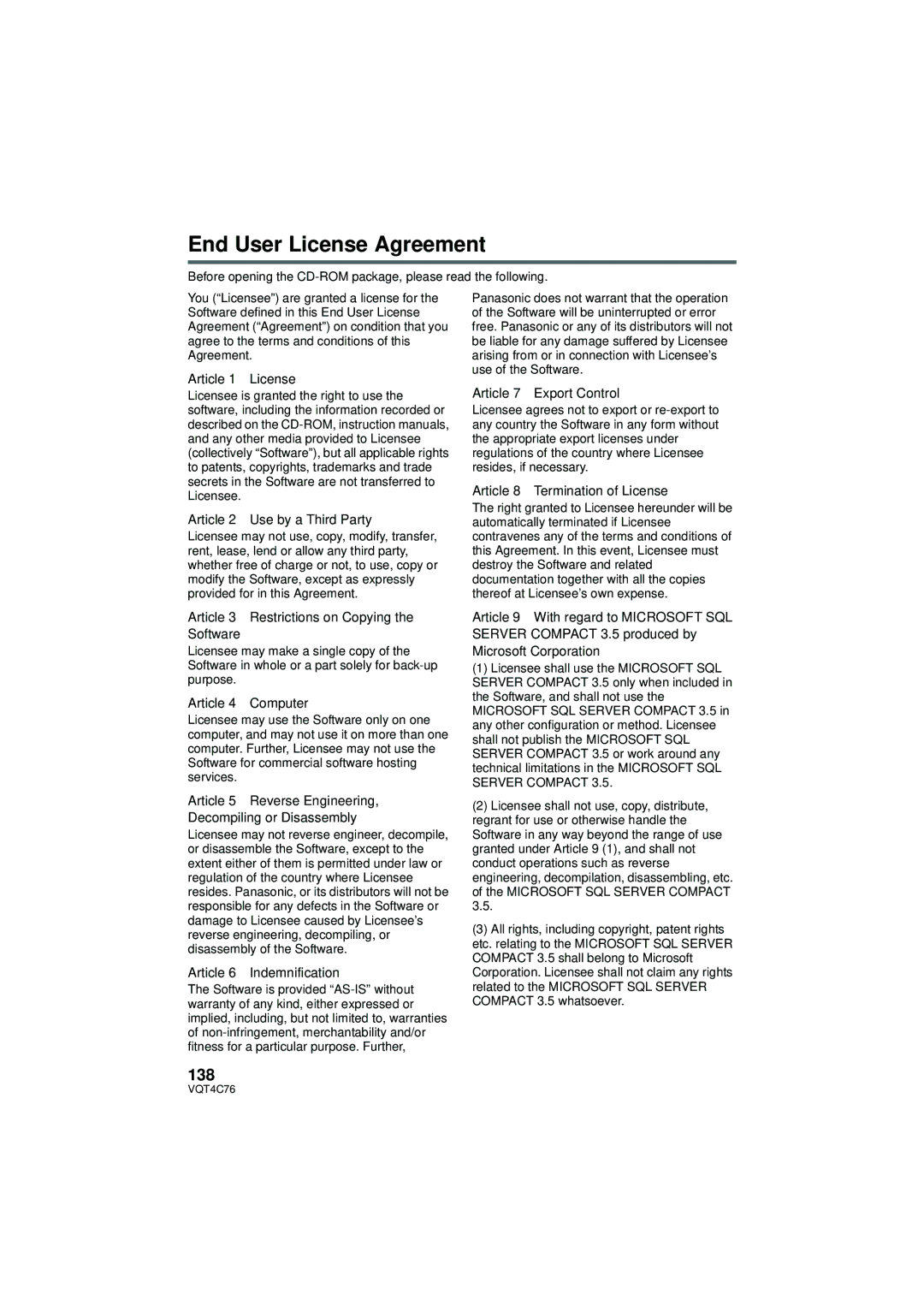 Panasonic HC-X900M owner manual End User License Agreement, 138 