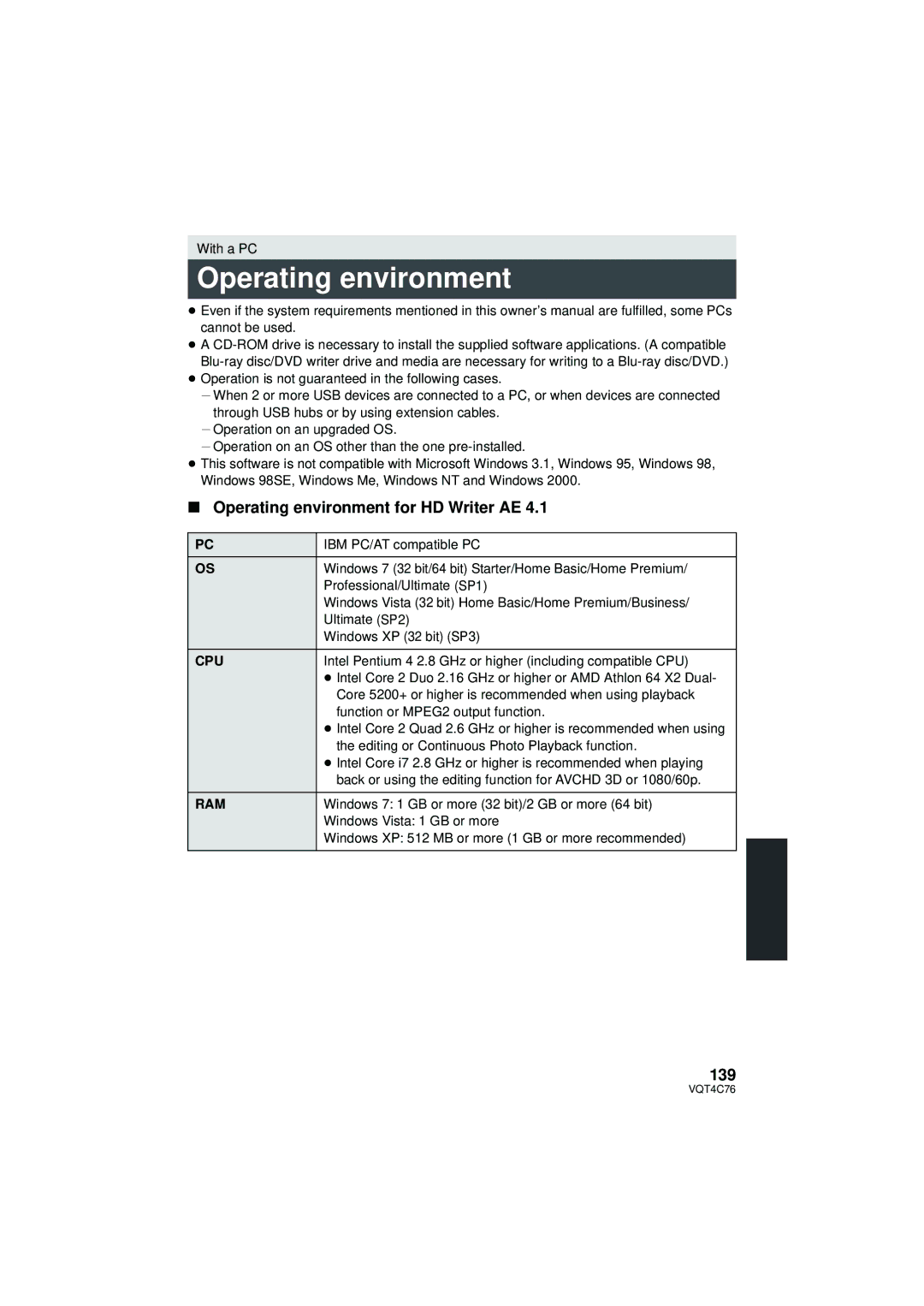 Panasonic HC-X900M owner manual Operating environment for HD Writer AE, 139, Cpu, Ram 