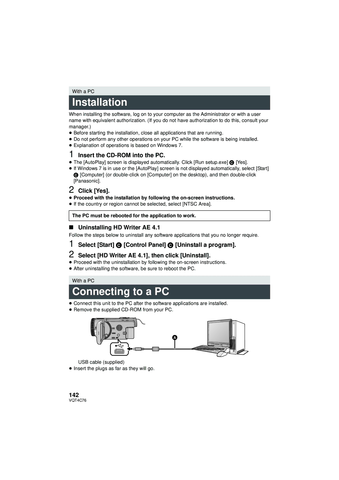 Panasonic HC-X900M owner manual Installation, Connecting to a PC 