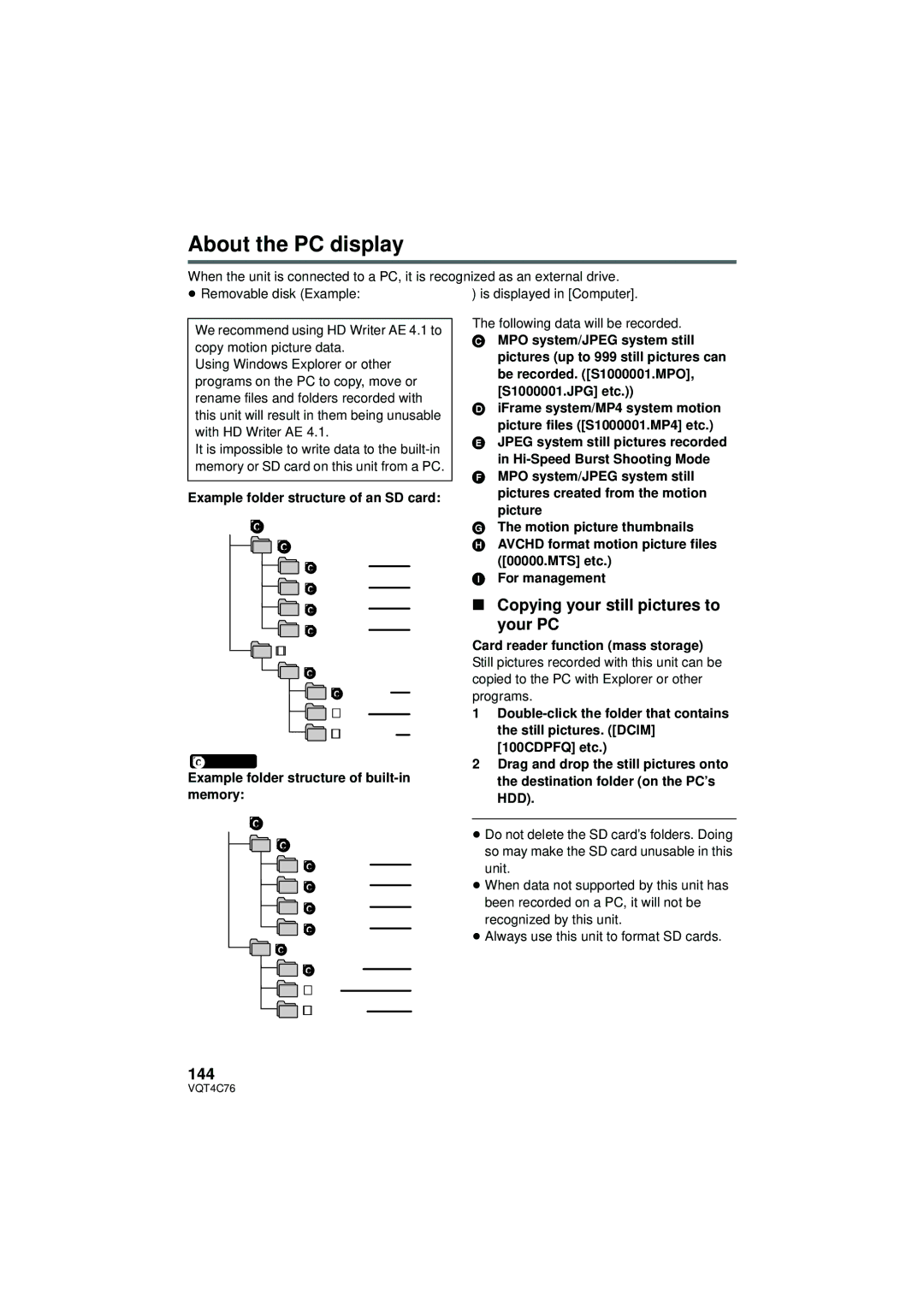 Panasonic HC-X900M owner manual About the PC display, Copying your still pictures to your PC, 144 