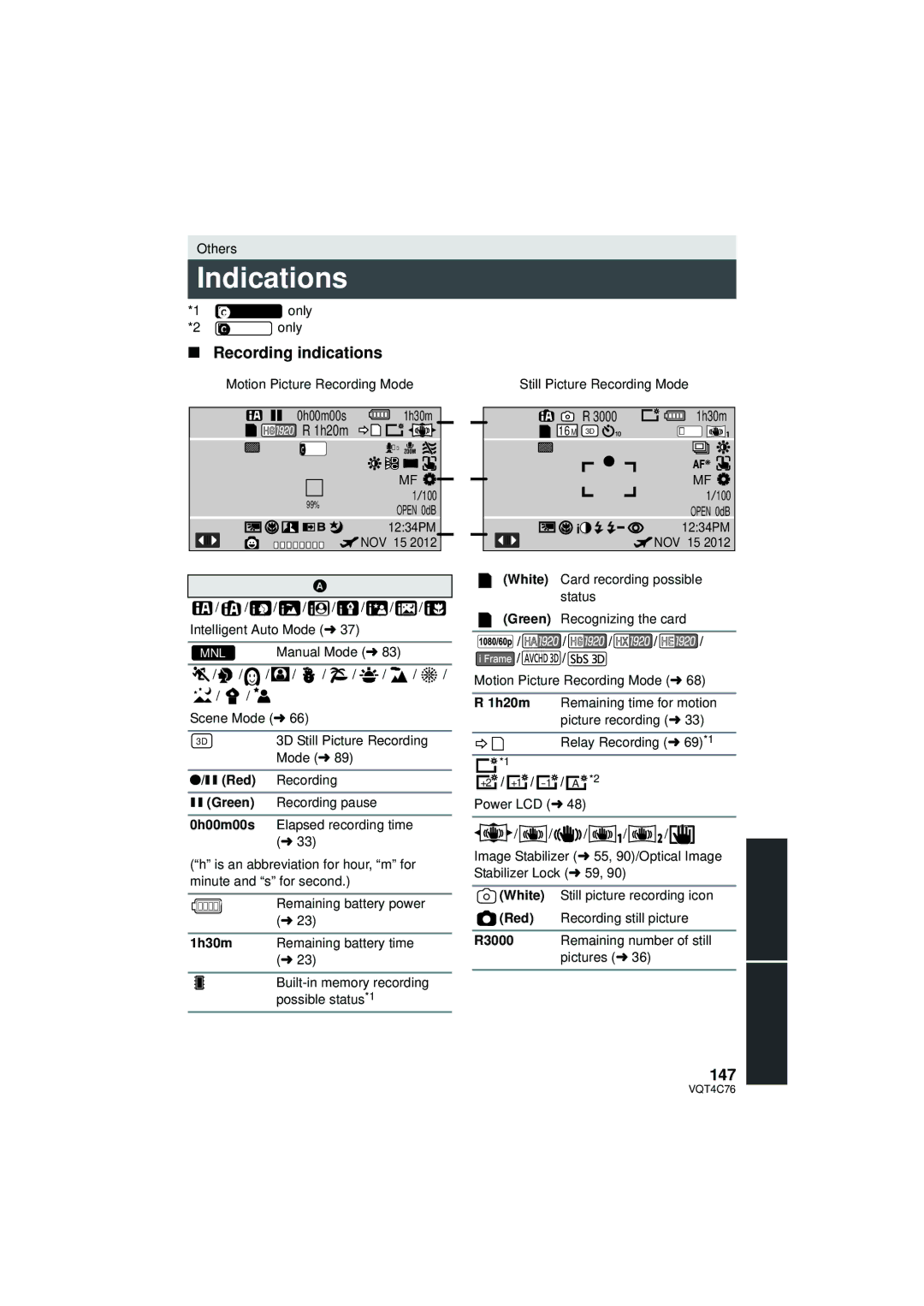 Panasonic HC-X900M owner manual Indications, Recording indications, 147, 1h30m 