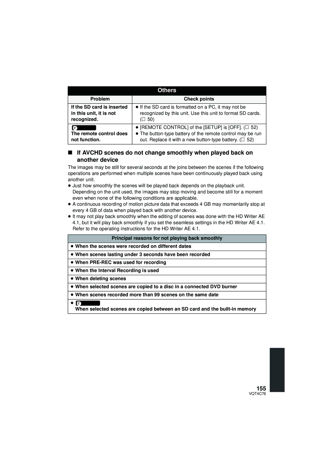 Panasonic HC-X900M owner manual 155, Recognized, ≥ Remote Control of the Setup is OFF. l, Remote control does 