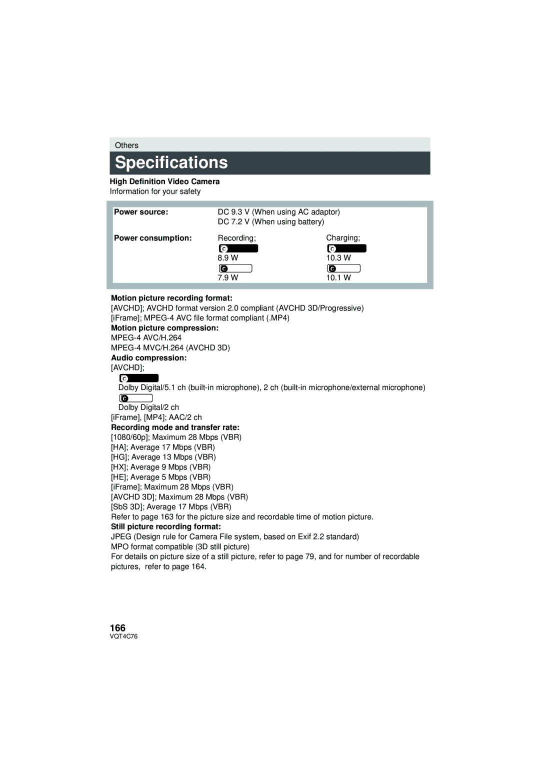 Panasonic HC-X900M owner manual Specifications, 166 