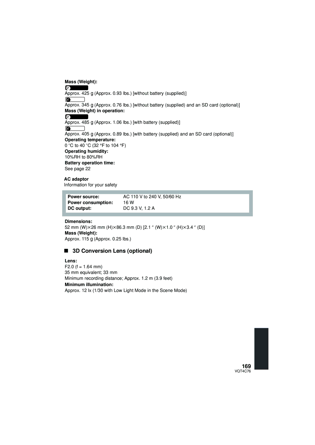 Panasonic HC-X900M owner manual 3D Conversion Lens optional, 169 