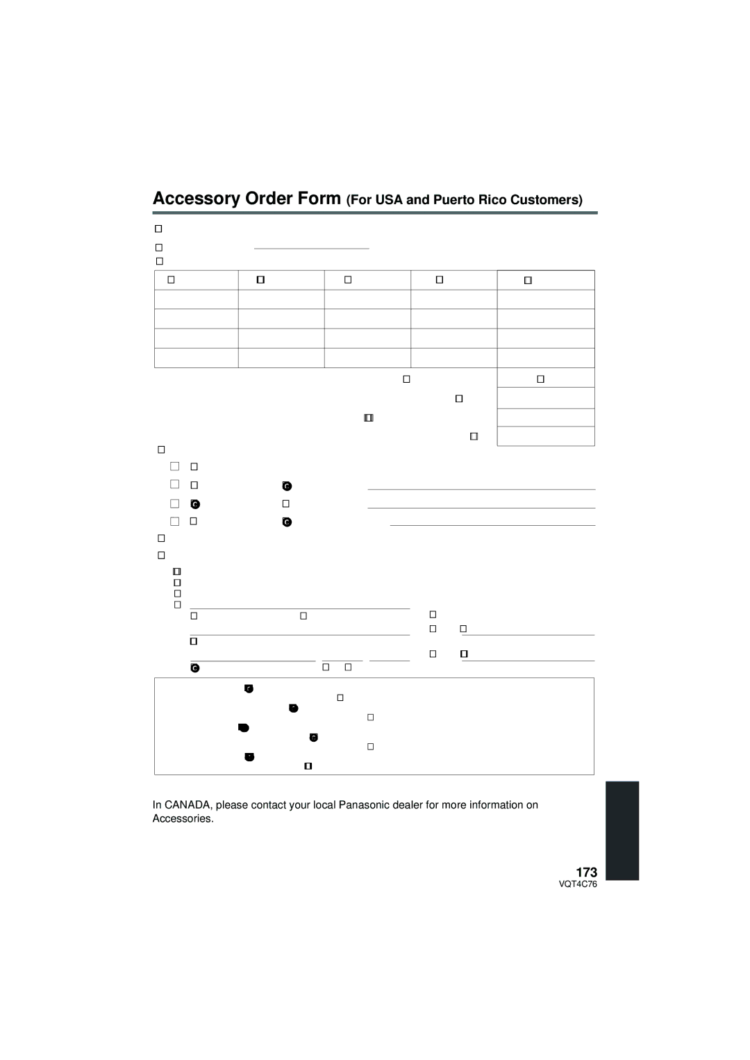 Panasonic HC-X900M owner manual Accessory Order Form For USA and Puerto Rico Customers, 173 