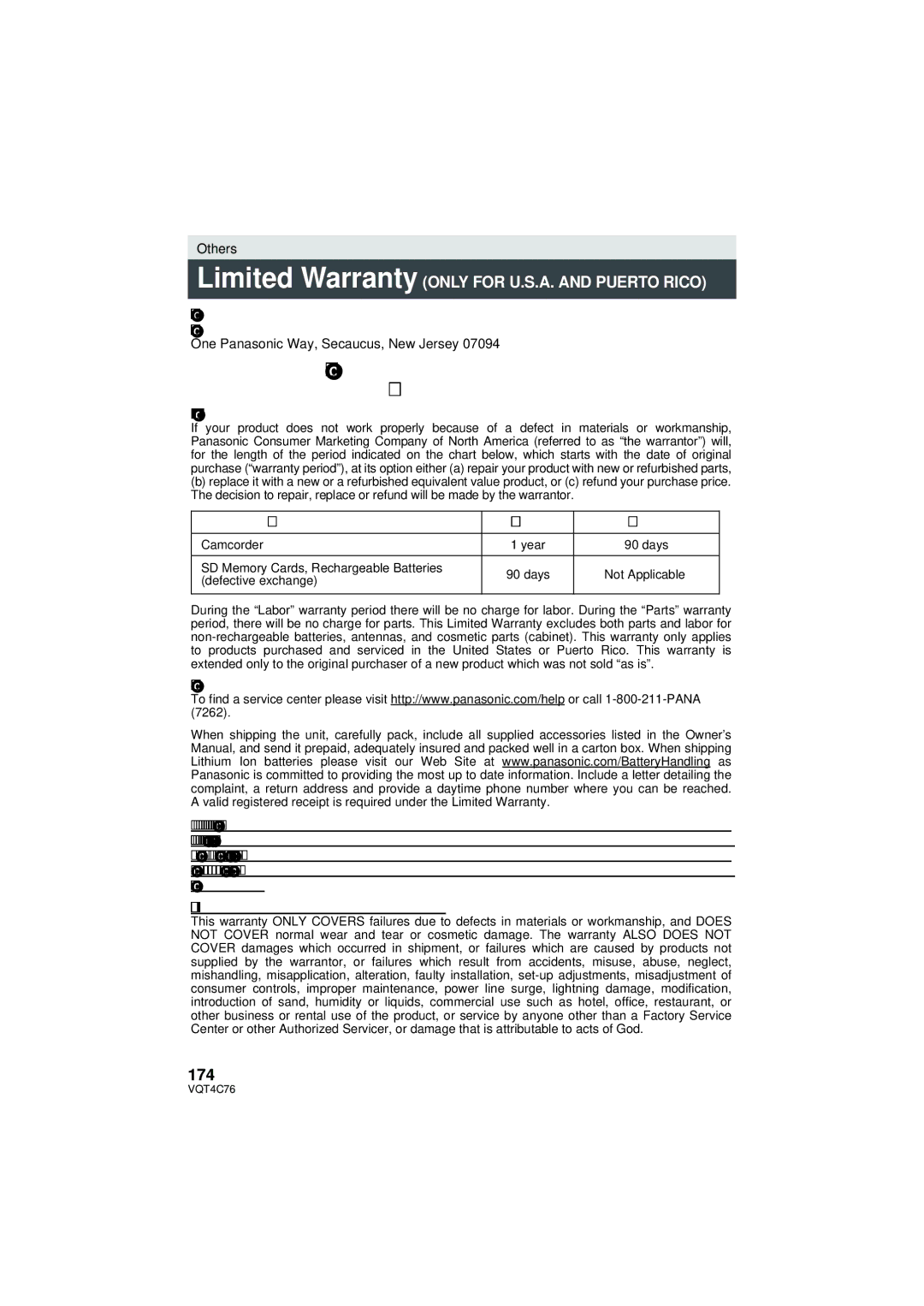 Panasonic HC-X900M 174, Limited Warranty Coverage For USA and Puerto Rico Only, Product or Part Name Parts Labor 