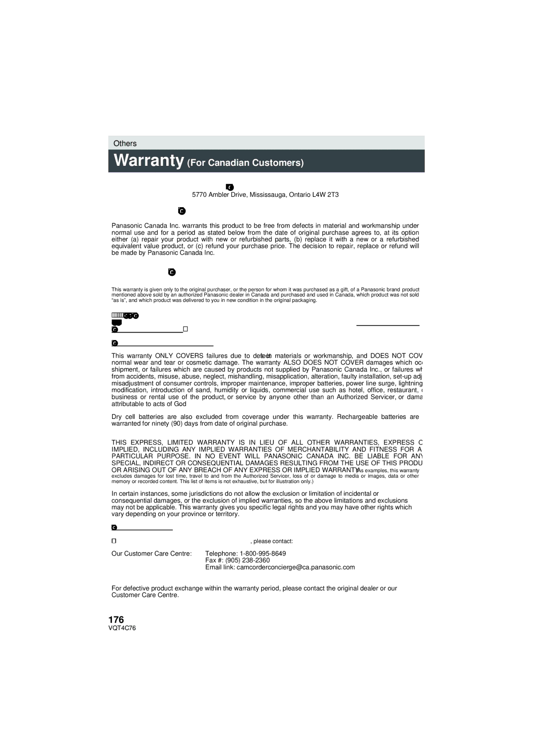 Panasonic HC-X900M owner manual 176, Panasonic Product Limited Warranty, Camcorder Products One 1 year, parts and labour 