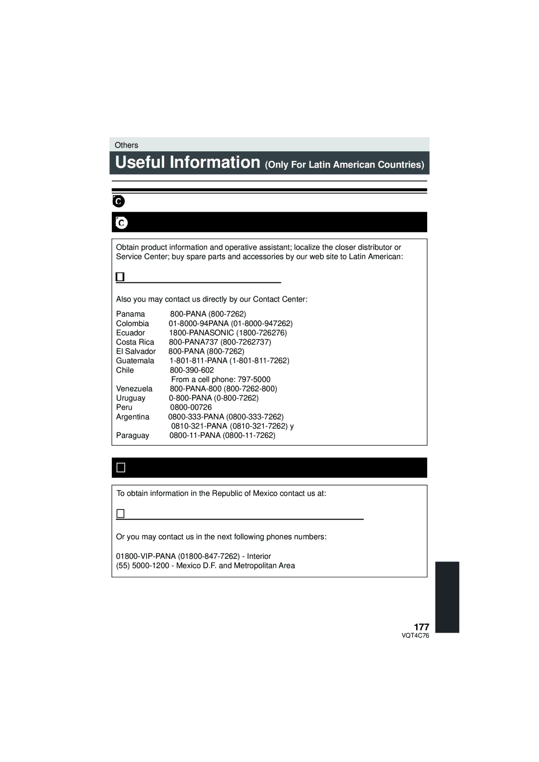 Panasonic HC-X900M owner manual 177, Also you may contact us directly by our Contact Center, Panama Colombia 