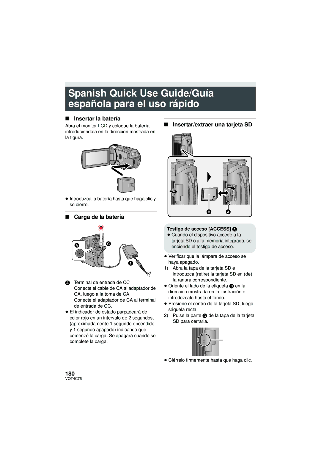 Panasonic HC-X900M Spanish Quick Use Guide/Guía española para el uso rápido, Insertar la batería, Carga de la batería 