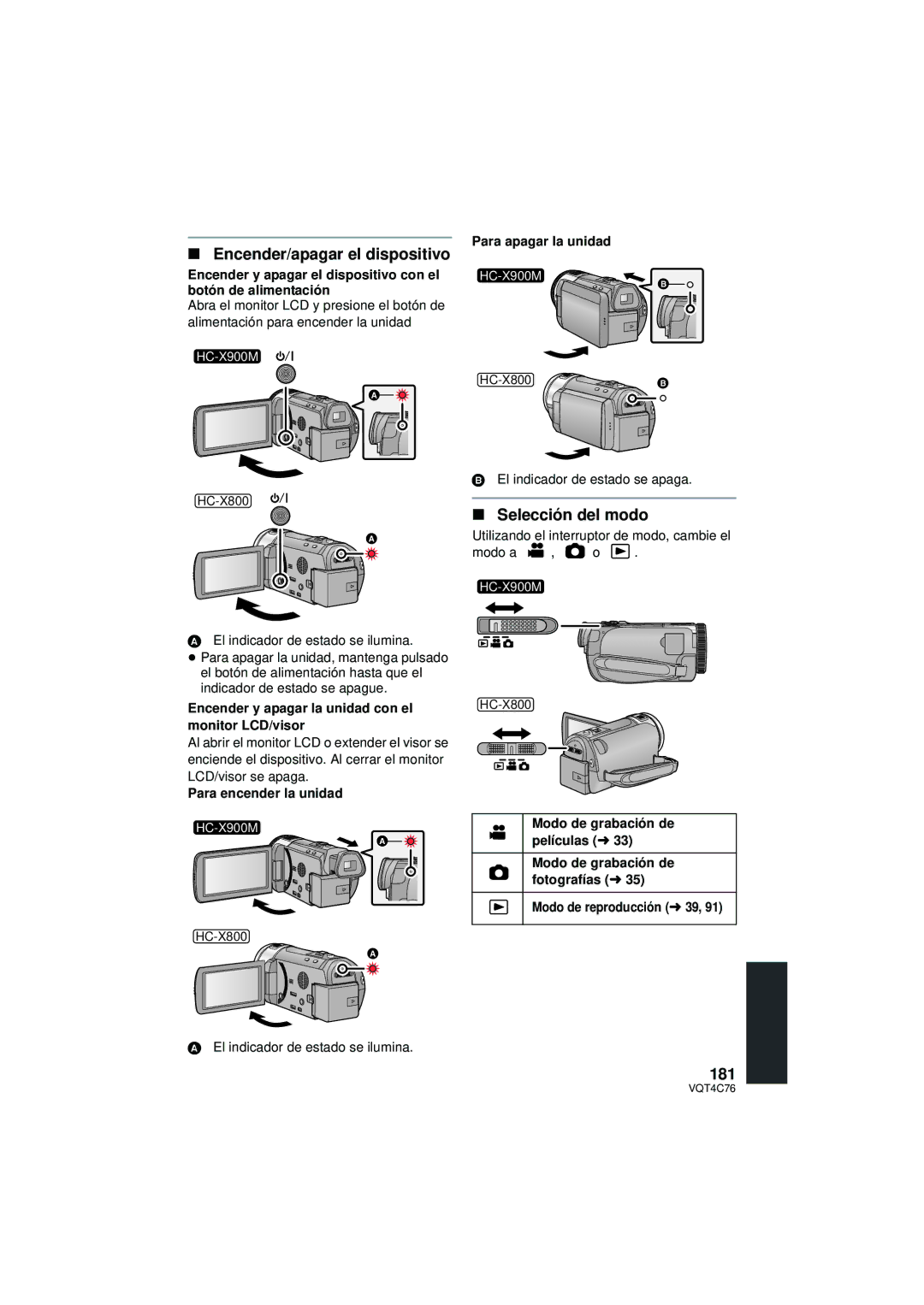 Panasonic HC-X900M owner manual Encender/apagar el dispositivo, Selección del modo, 181 