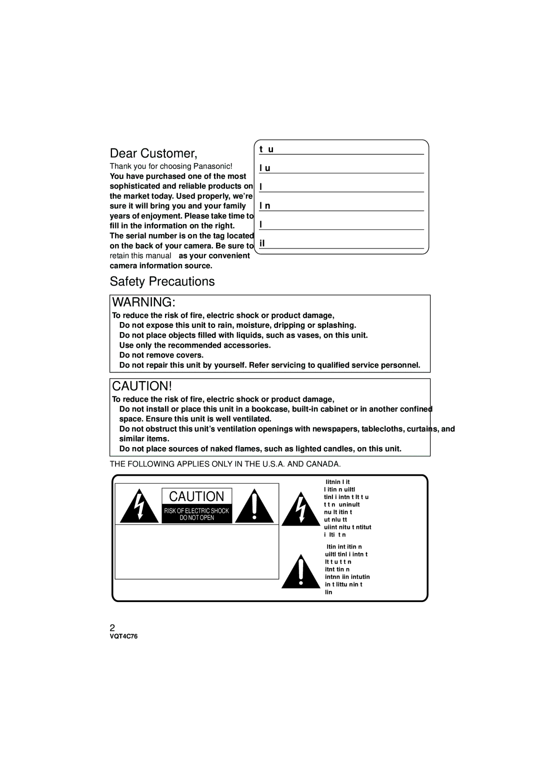 Panasonic HC-X900M owner manual Thank you for choosing Panasonic, Following Applies only in the U.S.A. and Canada 