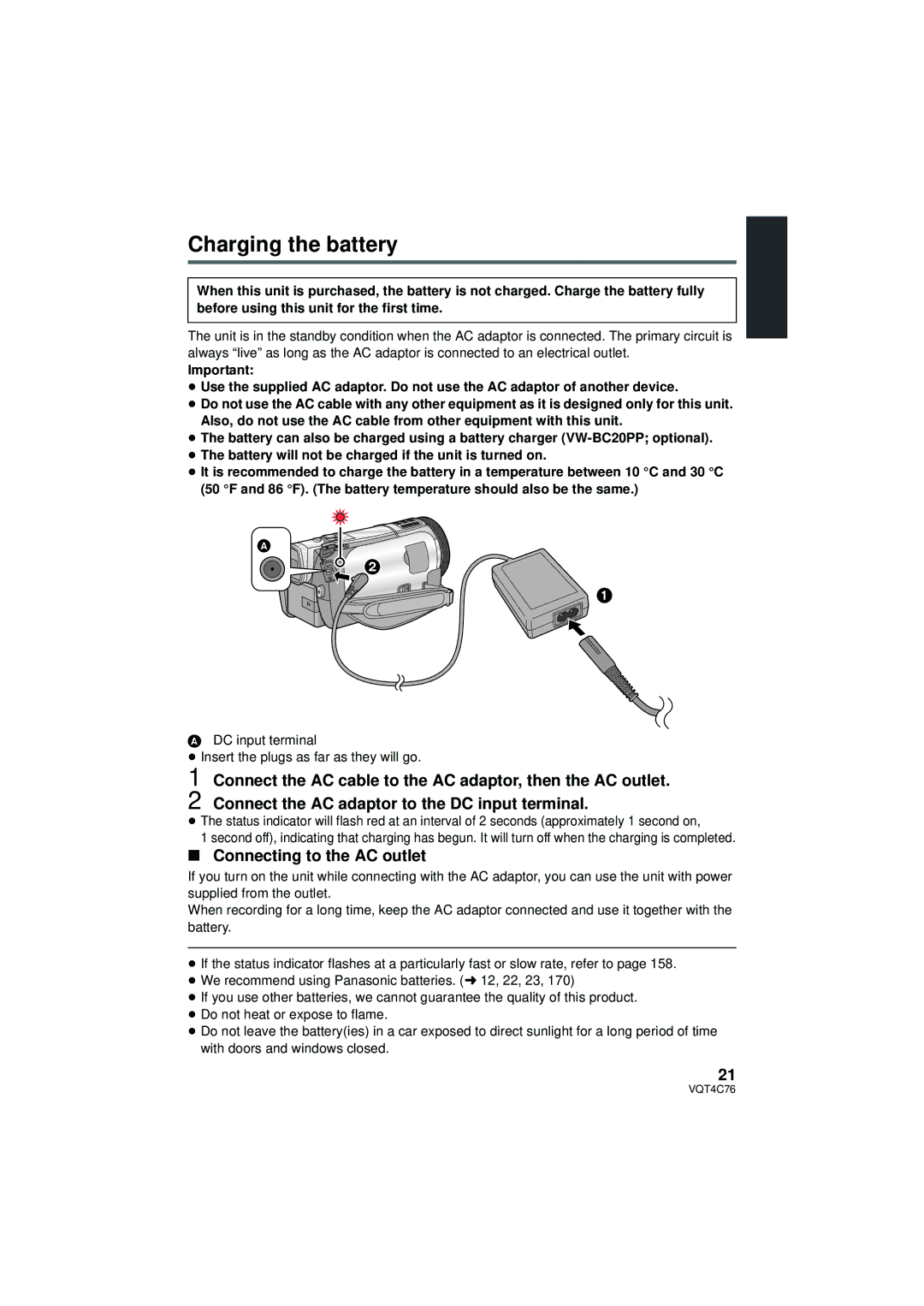 Panasonic HC-X900M owner manual Charging the battery, Connecting to the AC outlet 