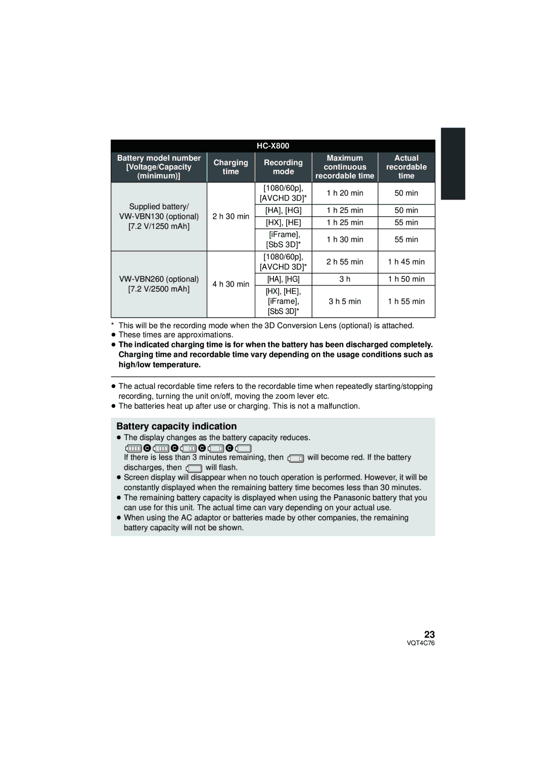 Panasonic HC-X900M owner manual Battery capacity indication, IFrame, VW-VBN260 optional 