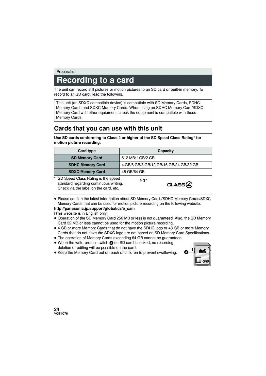 Panasonic HC-X900M owner manual Recording to a card, Cards that you can use with this unit, 512 MB/1 GB/2 GB, 48 GB/64 GB 