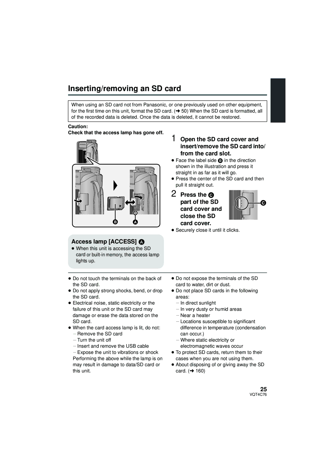 Panasonic HC-X900M Inserting/removing an SD card, Access lamp Access a, Press the C Part of the SD Card cover Close the SD 