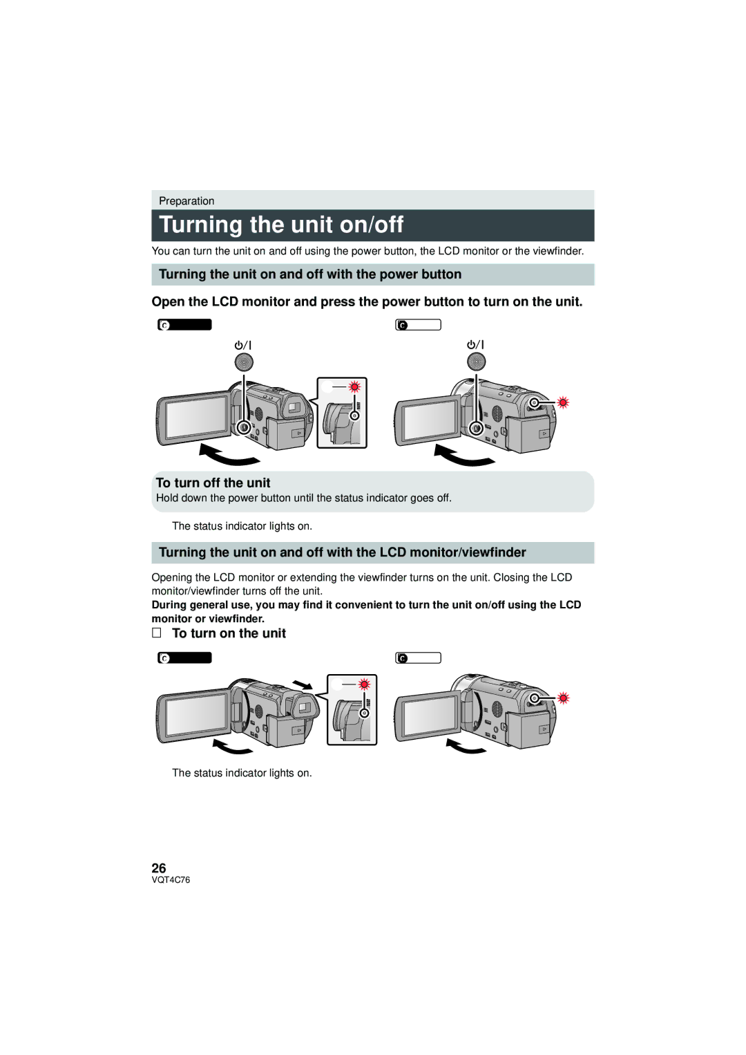 Panasonic HC-X900M owner manual Turning the unit on/off, To turn off the unit, To turn on the unit 