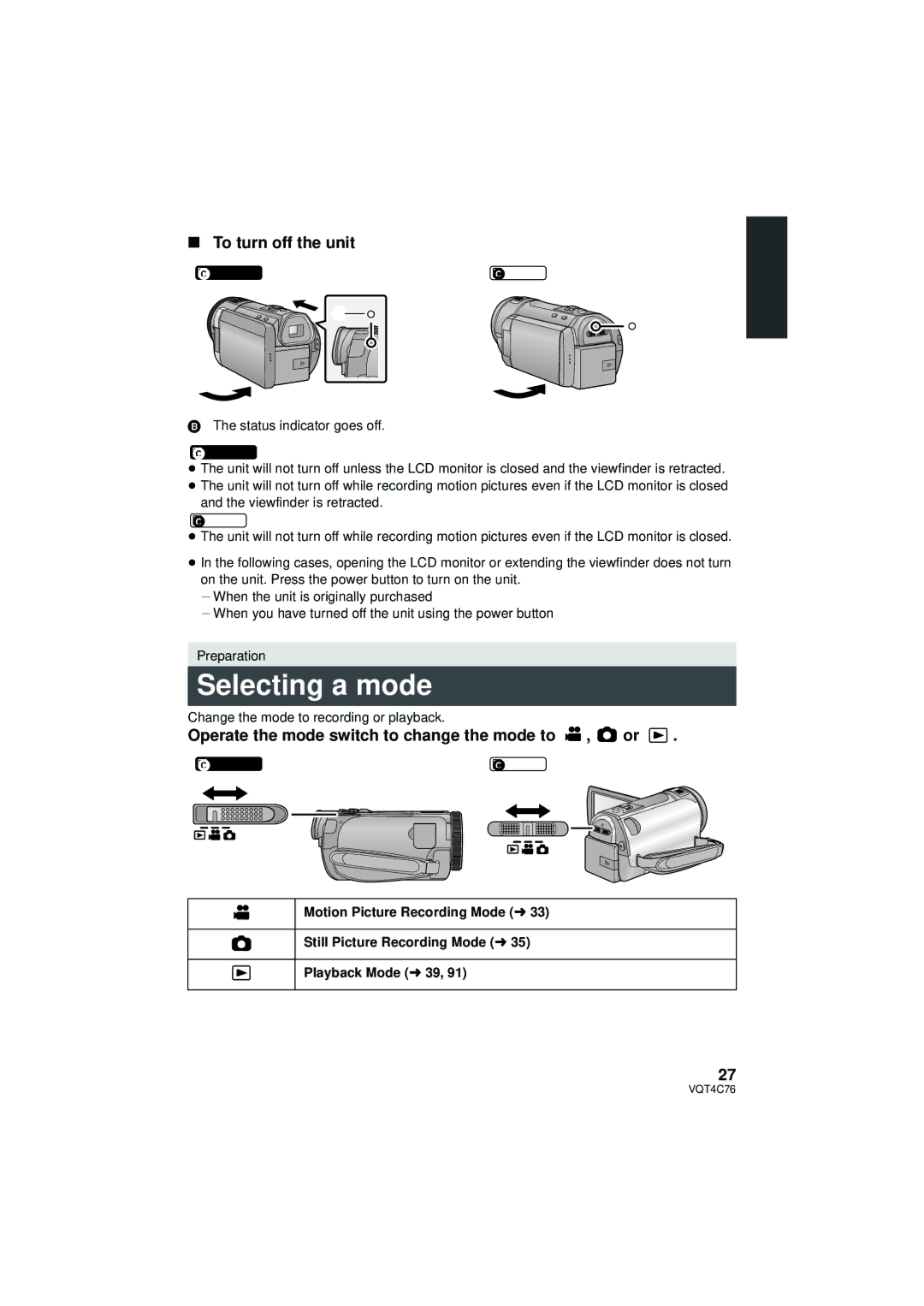 Panasonic HC-X900M owner manual Selecting a mode, Operate the mode switch to change the mode to , or 