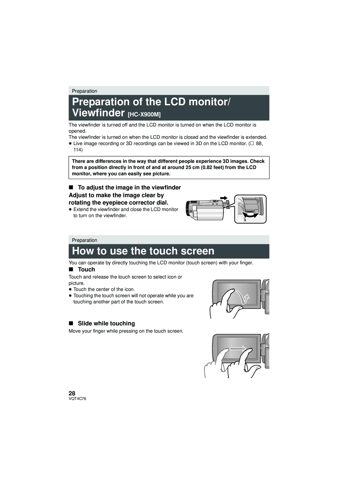 Panasonic Preparation of the LCD monitor/ Viewfinder HC-X900M, How to use the touch screen, Touch, Slide while touching 