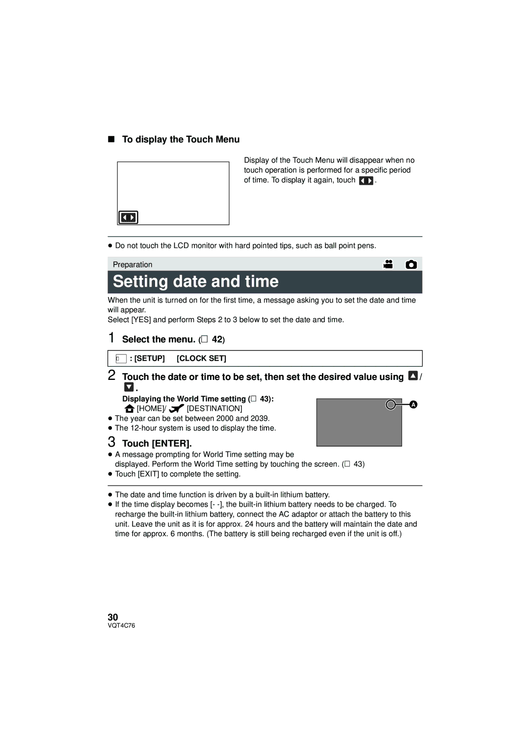 Panasonic HC-X900M owner manual Setting date and time, To display the Touch Menu, Select the menu. l, Touch Enter 