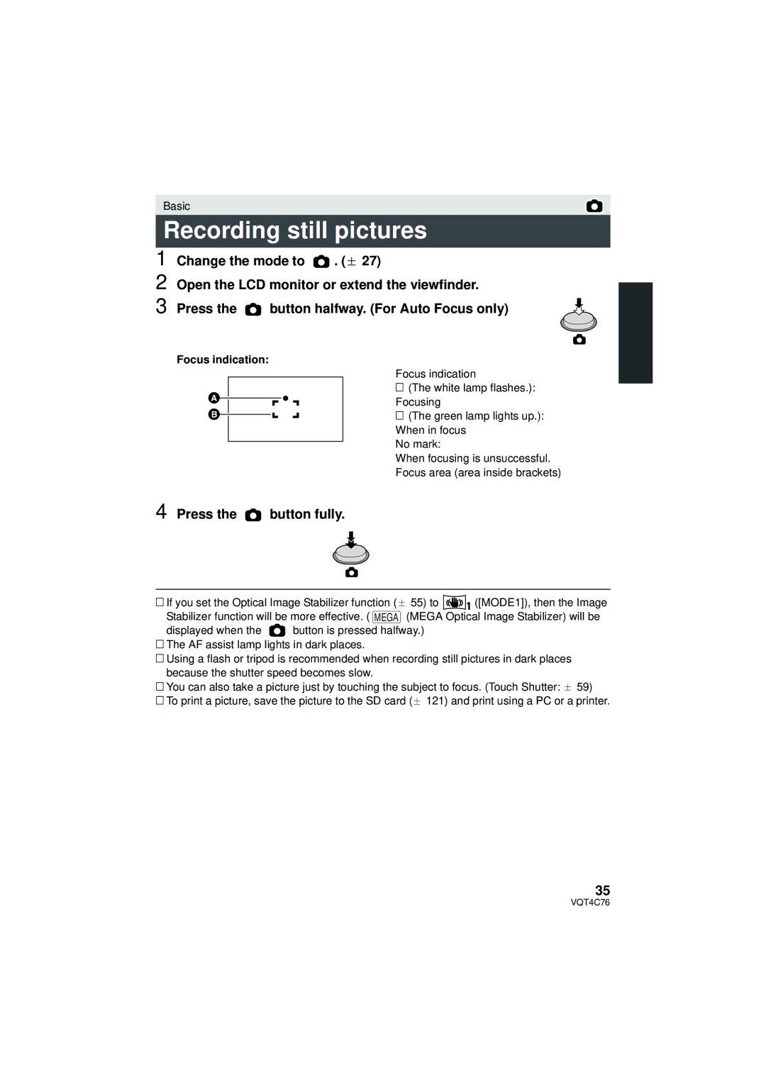 Panasonic HC-X900M owner manual Recording still pictures, Press the button fully, Focus indication 