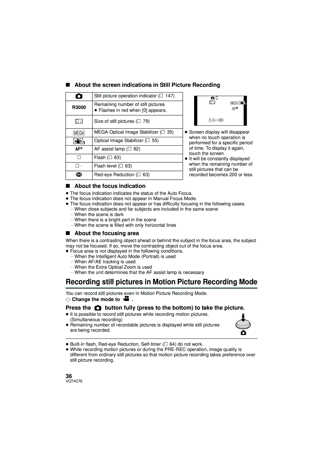 Panasonic HC-X900M owner manual Recording still pictures in Motion Picture Recording Mode, About the focus indication 