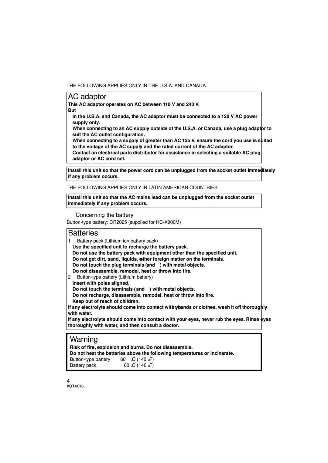 Panasonic HC-X900M AC adaptor, Batteries, Concerning the battery, Following Applies only in Latin American Countries 