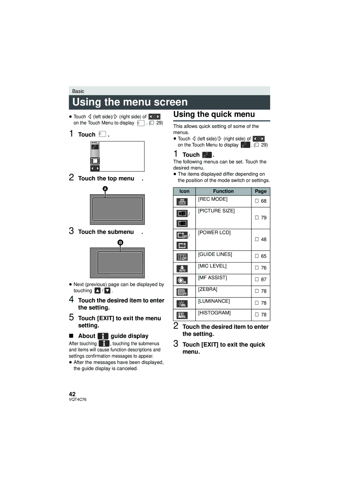 Panasonic HC-X900M owner manual Using the menu screen, Using the quick menu 