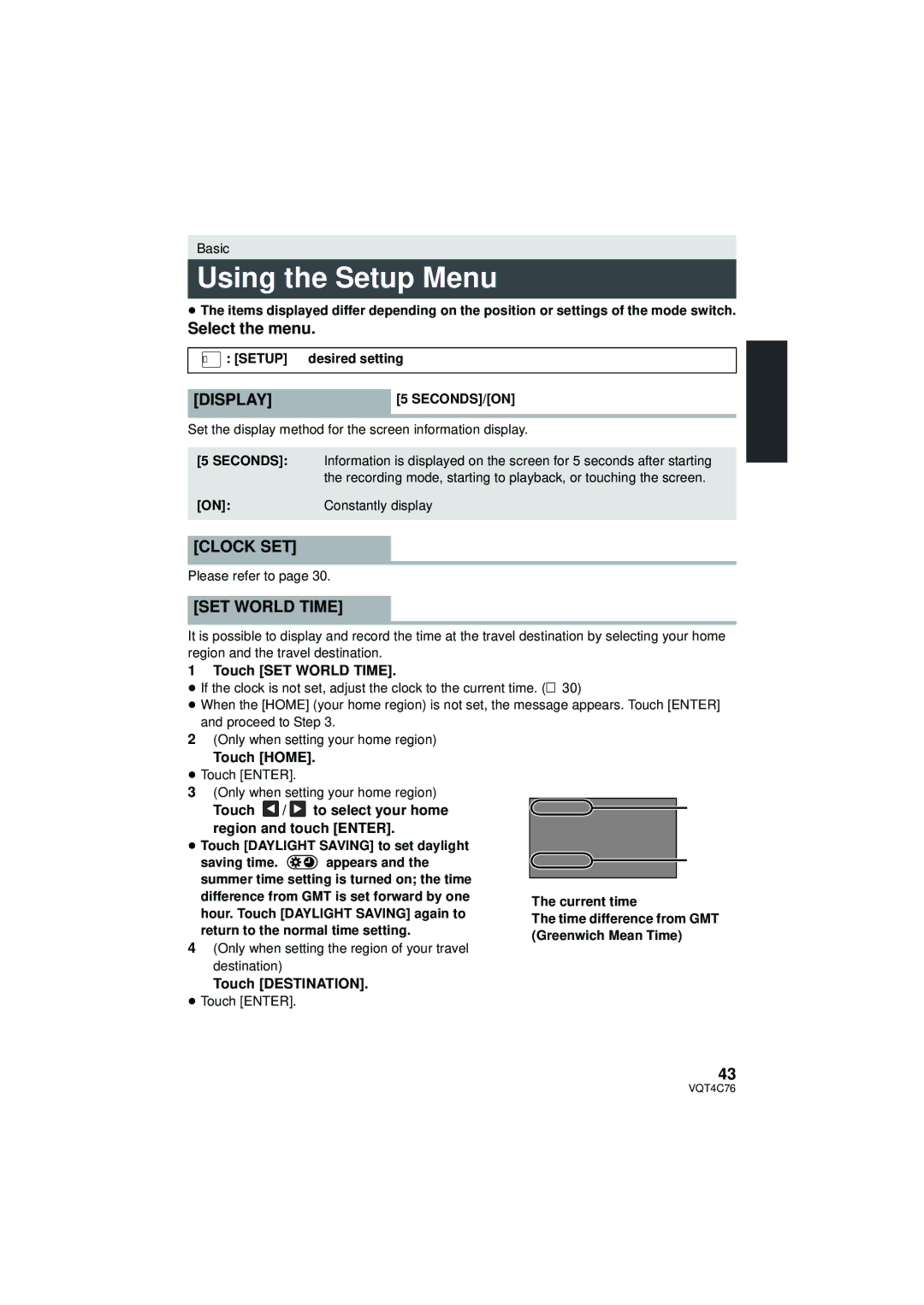 Panasonic HC-X900M owner manual Using the Setup Menu, Select the menu, Display, Clock SET, SET World Time 