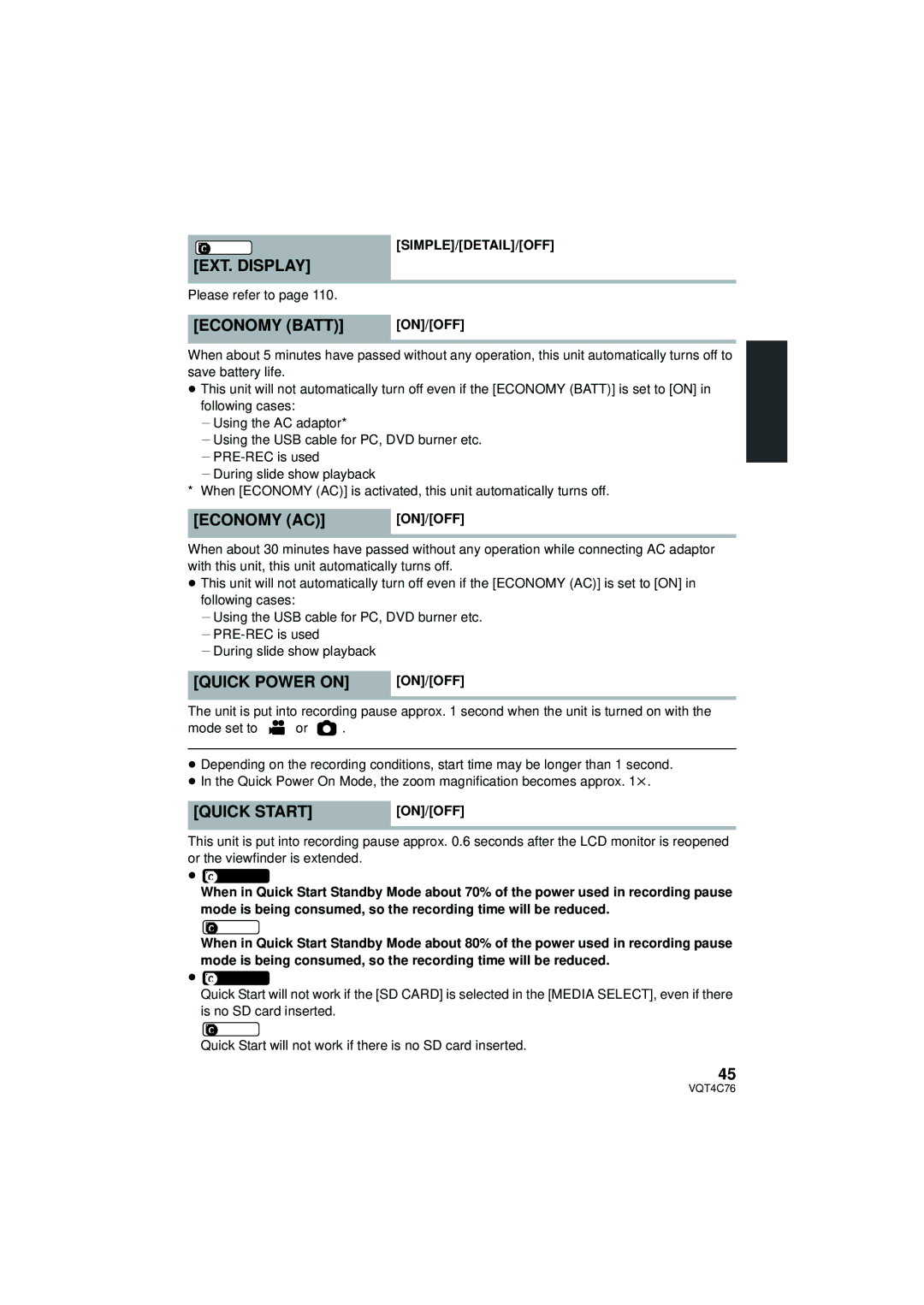 Panasonic HC-X900M owner manual EXT. Display, Economy Batt, Economy AC, Quick Power on, Quick Start 