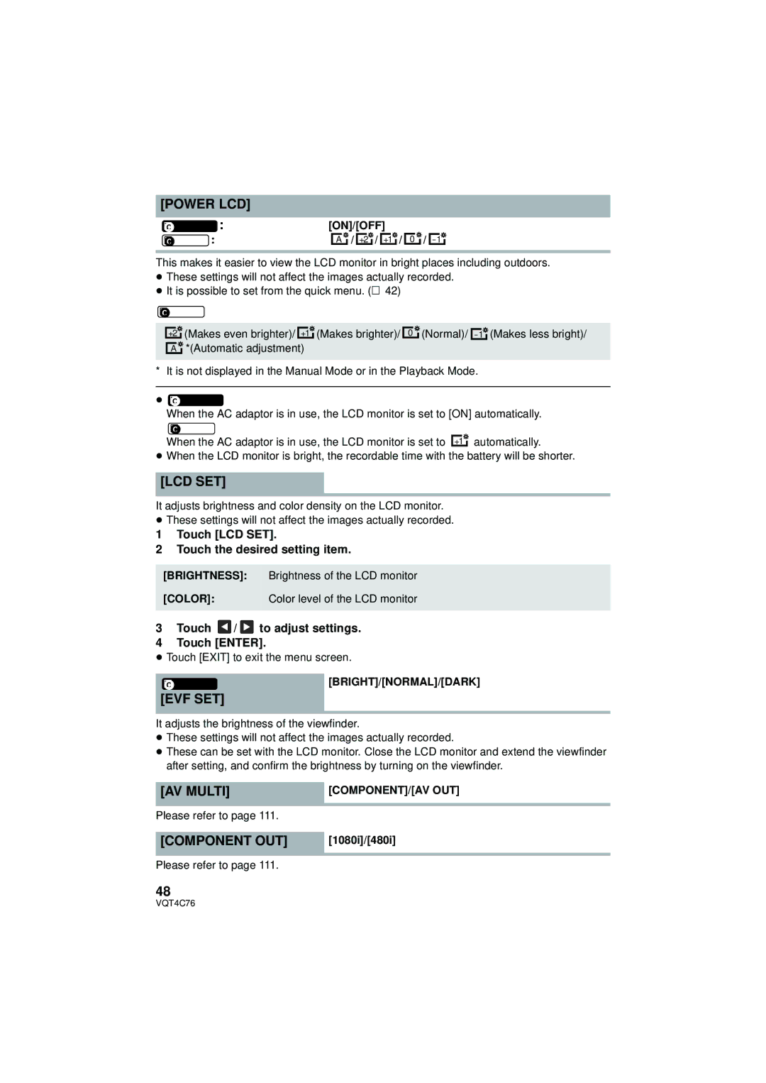 Panasonic HC-X900M owner manual Power LCD, Lcd Set, Evf Set, AV Multi, Component OUT 