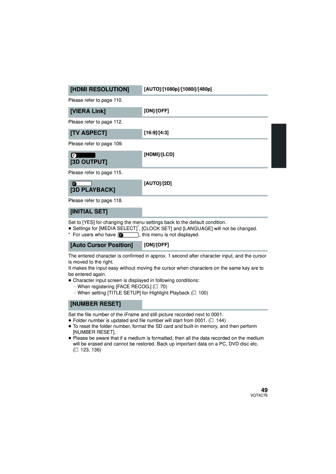 Panasonic HC-X900M owner manual Hdmi Resolution, TV Aspect, 3D Output, 3D Playback, Initial SET, Number Reset 