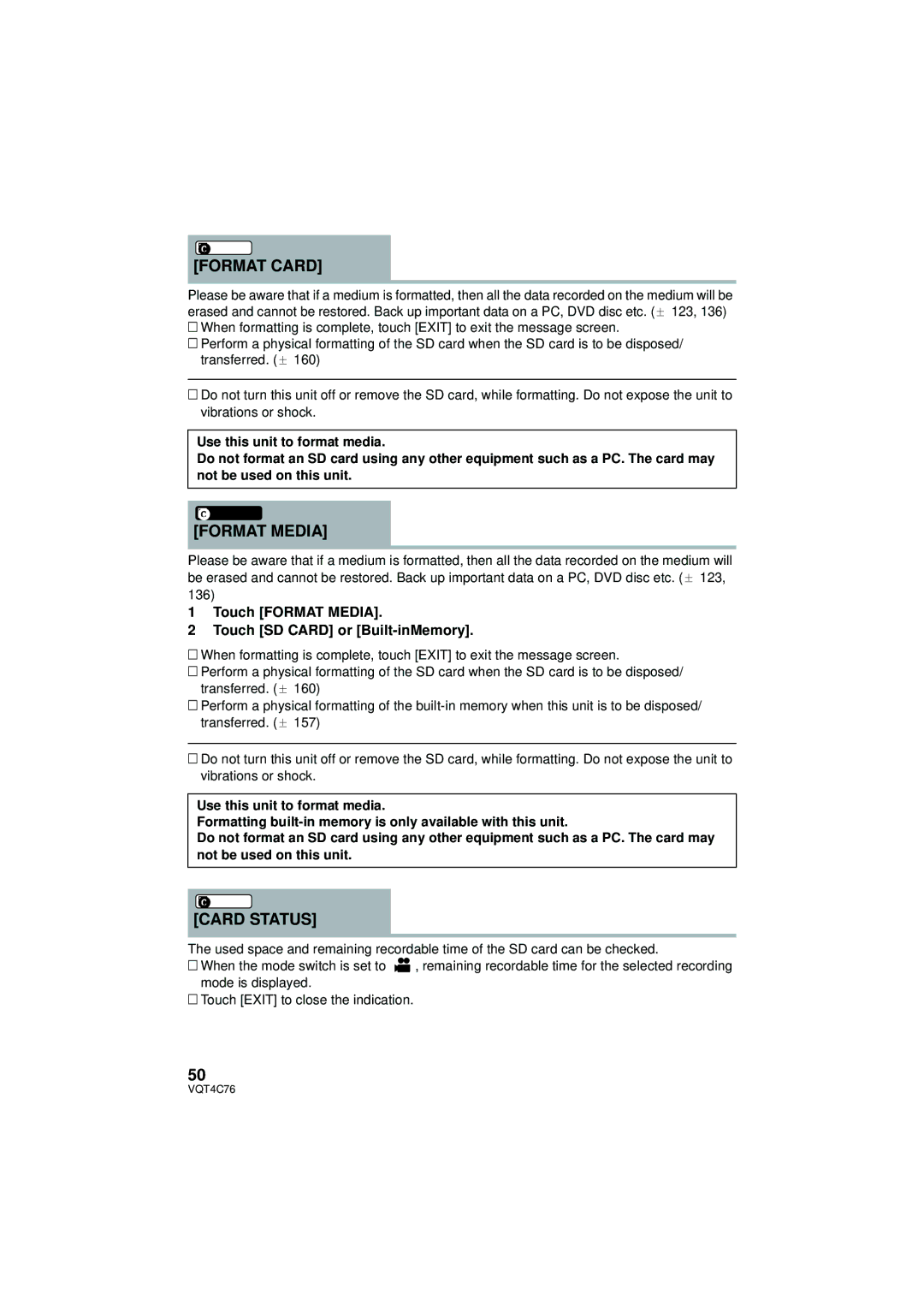 Panasonic HC-X900M owner manual Format Card, Card Status, Touch Format Media Touch SD Card or Built-inMemory 