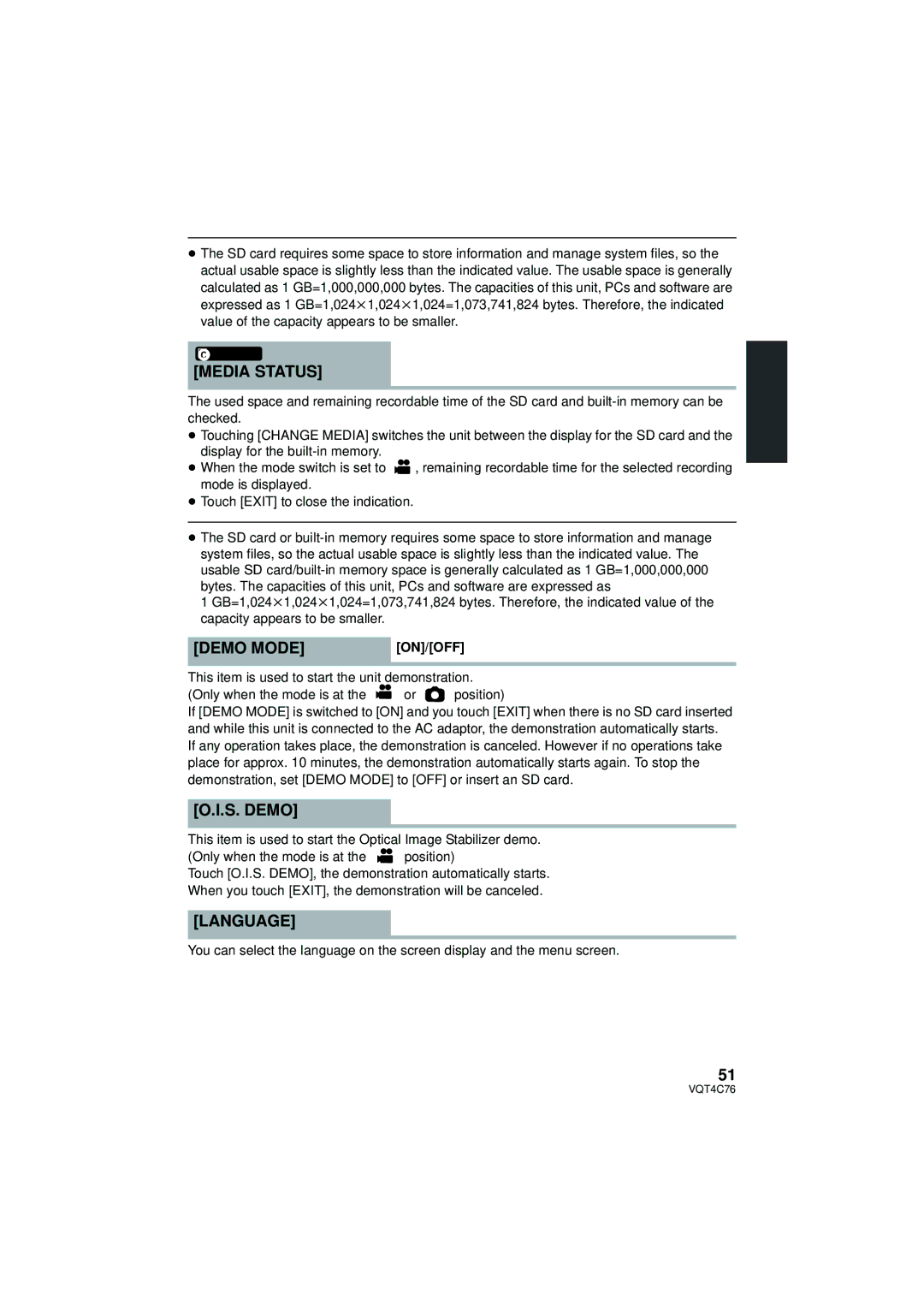 Panasonic HC-X900M owner manual Media Status, Demo Mode, S. Demo, Language 