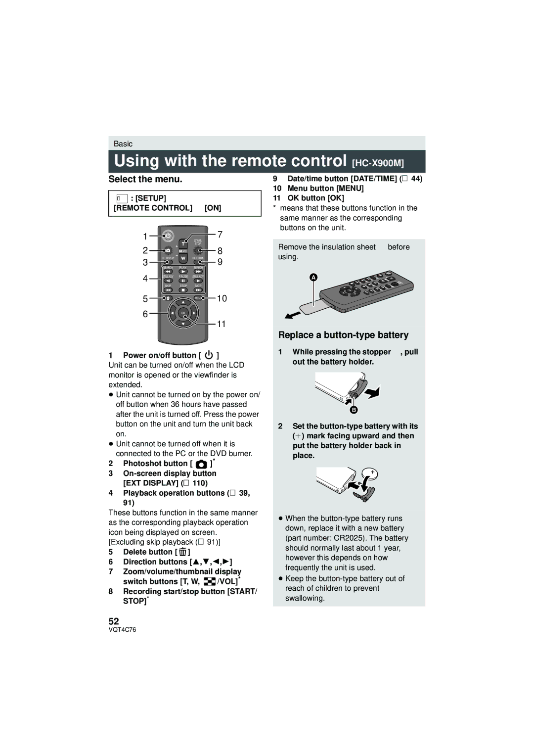 Panasonic Using with the remote control HC-X900M, Replace a button-type battery, Menu Setup # Remote Control # on 