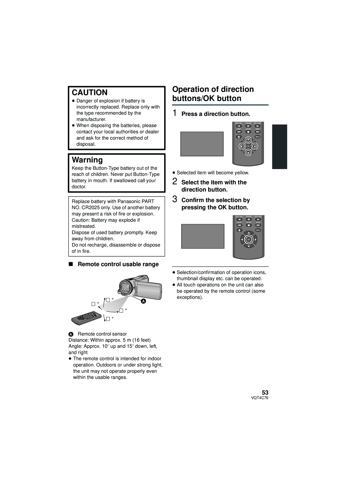 Panasonic HC-X900M Operation of direction buttons/OK button, Press a direction button, Remote control usable range 